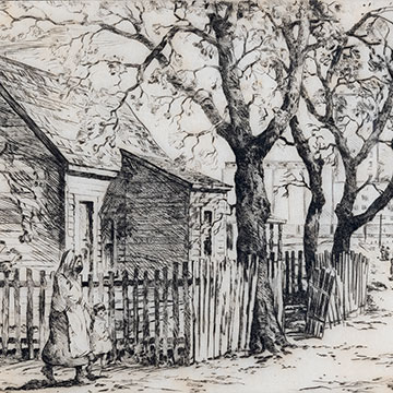 lack and white depiction of a woman and child walking in front of an old house with a picket fence